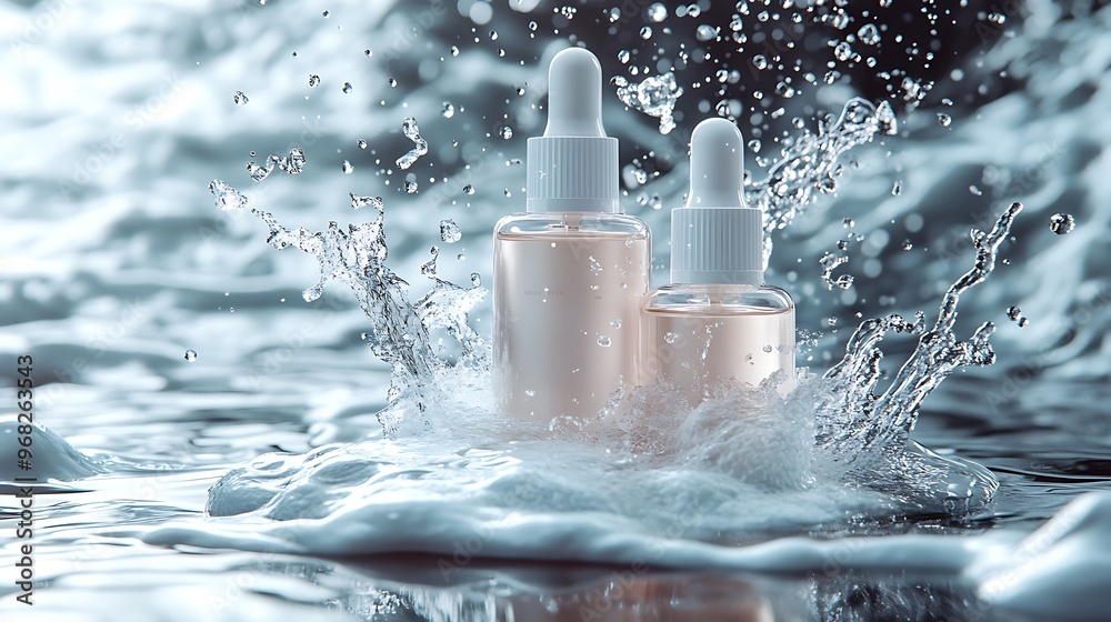 Two glass bottles with droppers surrounded by splashing water. Two glass bottles with droppers surrounded by splashing water.