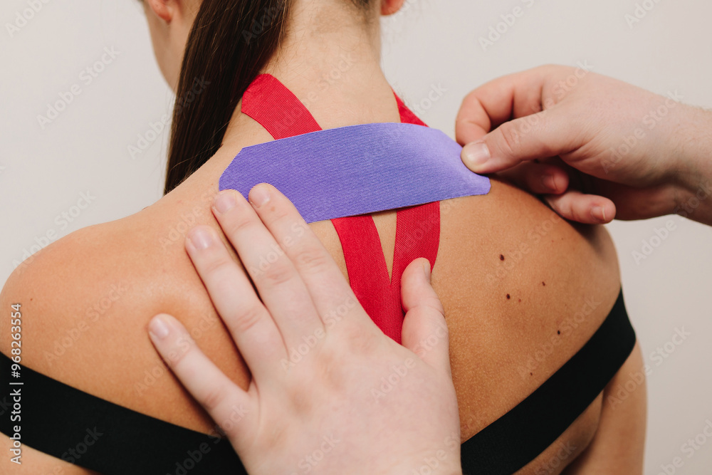 Medical tape. Healing from lymphedema with K-tapes. Doctor is applying ...