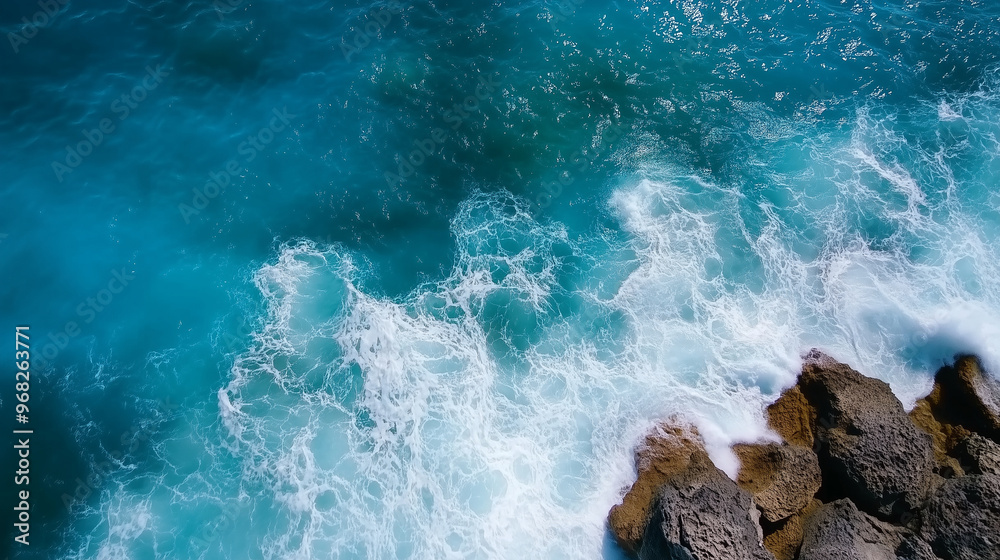 Obraz premium Coastal waves crashing onto rugged rocks, dynamic aerial perspective, deep blue waters with white foam, dramatic and powerful ocean scene