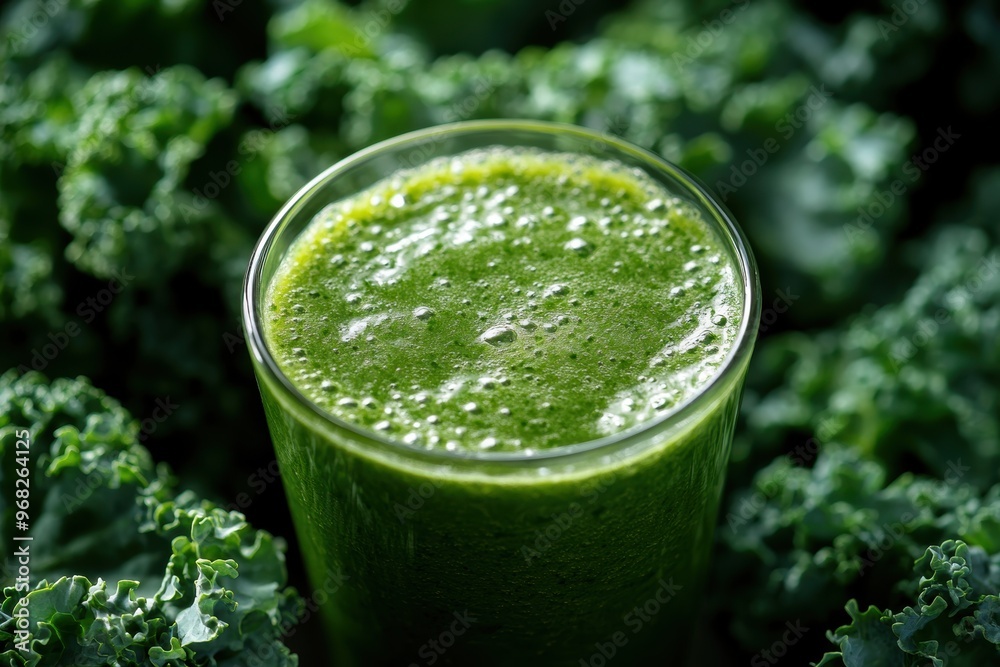 A fresh green smoothie served in a clear glass, surrounded by vibrant kale leaves, representing healthy eating and nutrition. A fresh green smoothie served in a clear glass, surrounded by vibrant kale leaves, representing healthy eating and nutrition.