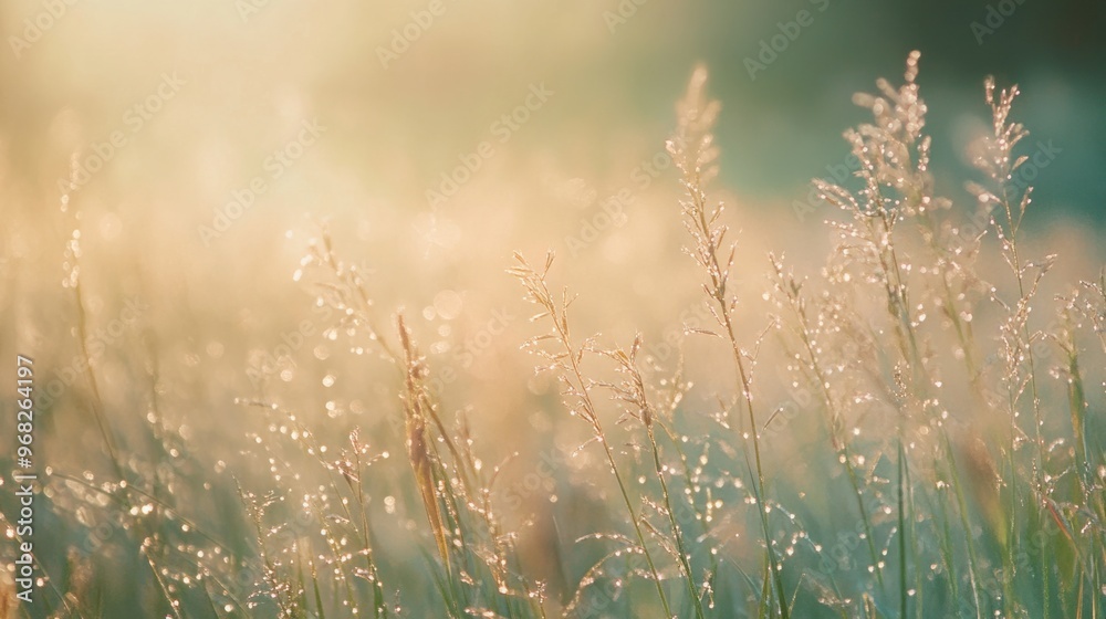 Dew on grass softly blurred, with morning sunlight creating a soft, dreamy atmosphere. Dew on grass softly blurred, with morning sunlight creating a soft, dreamy atmosphere.