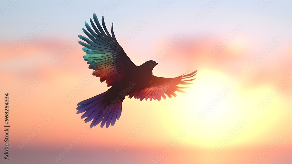 Obraz premium Majestic Bird in Flight Against Vibrant Sunset Sky
