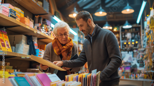 Elderly woman and man discussing a book in a cozy bookstore with shelves of colorful notebooks