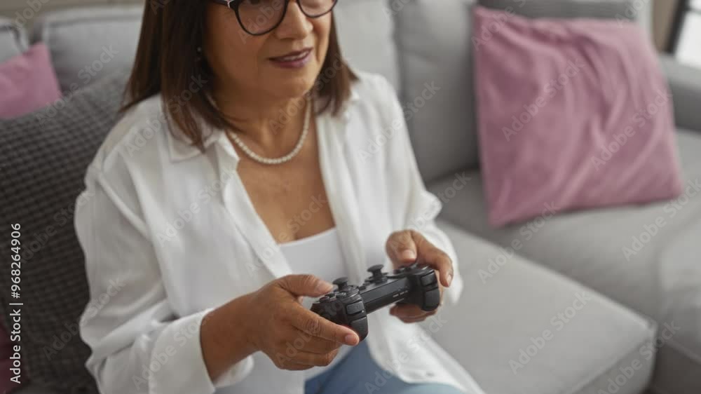 An elderly hispanic woman with short hair playing video games in a cozy living room. An elderly hispanic woman with short hair playing video games in a cozy living room.