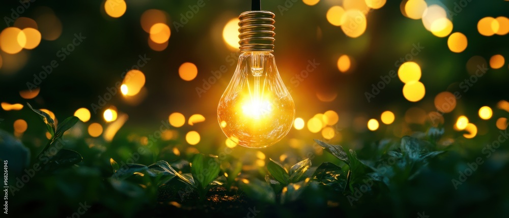 A glowing light bulb surrounded by greenery, symbolizing creativity and inspiration in a serene, magical atmosphere. A glowing light bulb surrounded by greenery, symbolizing creativity and inspiration in a serene, magical atmosphere.