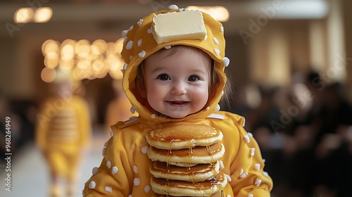 A baby dressed in a yellow pancake costume with a smiling face.