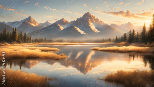 A serene mountain lake at sunset with a reflection of the mountains and sky in the water.