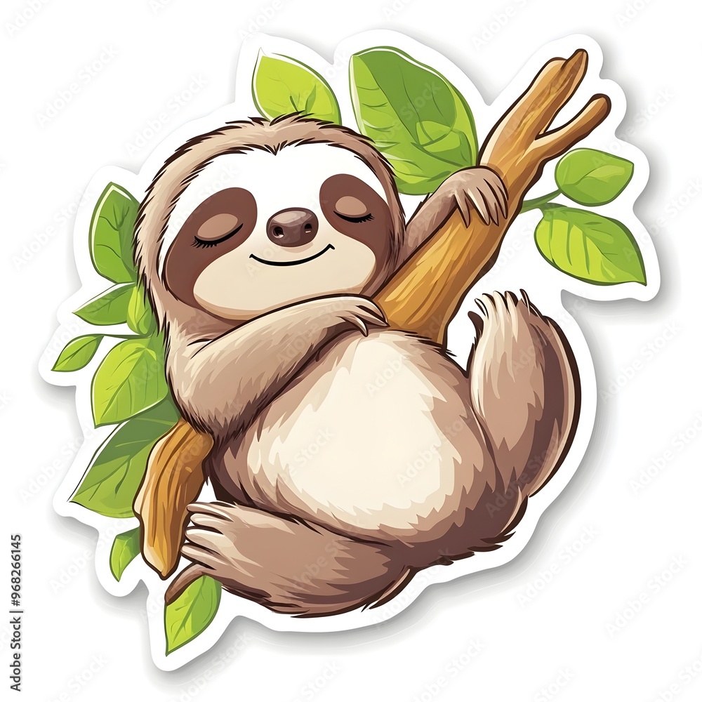 Fototapeta premium Cute Sloth Hanging on Tree Branch in Tropical Rainforest