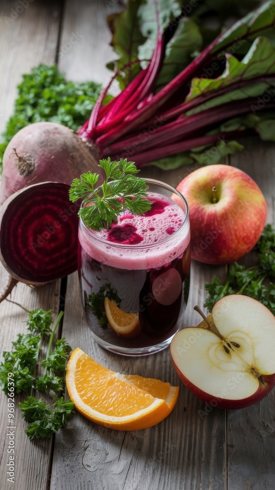 Rustic Wooden Table Adorned With Vibrant Fruits and a Refreshing Frothy Glass of Beet Juice. Generative AI Rustic Wooden Table Adorned With Vibrant Fruits and a Refreshing Frothy Glass of Beet Juice. Generative AI