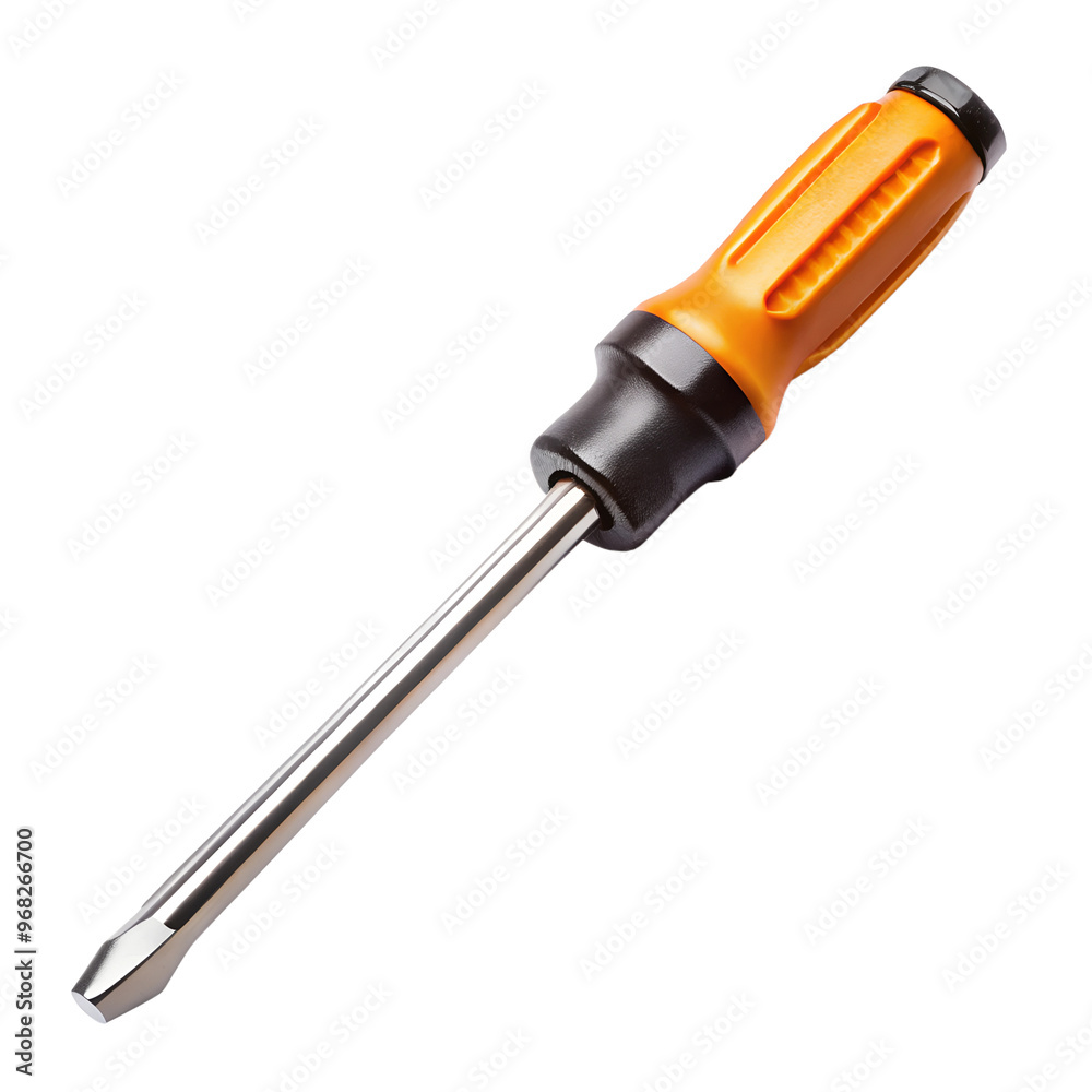 Close-up of a screwdriver with an orange handle. Transparent or white isolated background. Close-up of a screwdriver with an orange handle. Transparent or white isolated background.