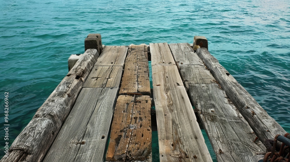 Fototapeta premium Aged dock on ocean shore with room for text