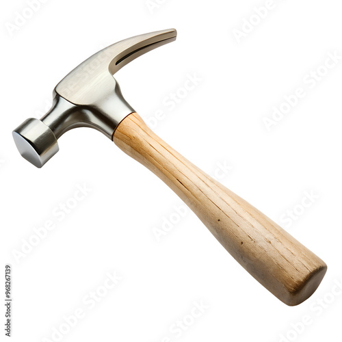 A close-up of a metal hammer with a wooden handle, perfect for construction and handyman projects. Transparent or white isolated background.