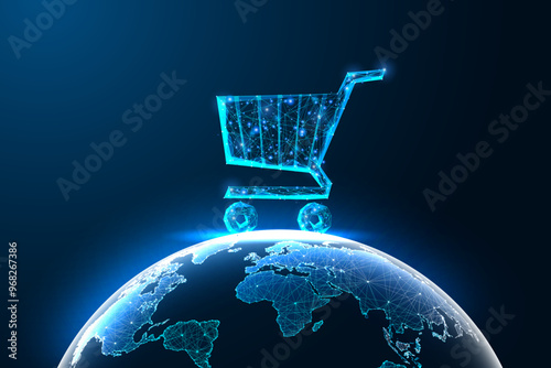 Global market, worldwide commerce, e-commerce, international trade concept. Shopping cart on Earth 