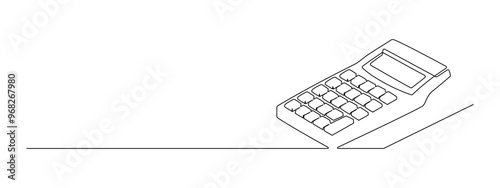 Calculator tool in one continuous line drawing. Counting tax and budget concept in simple linear style. Accounting finance in editable stroke. Doodle outline vector illustration