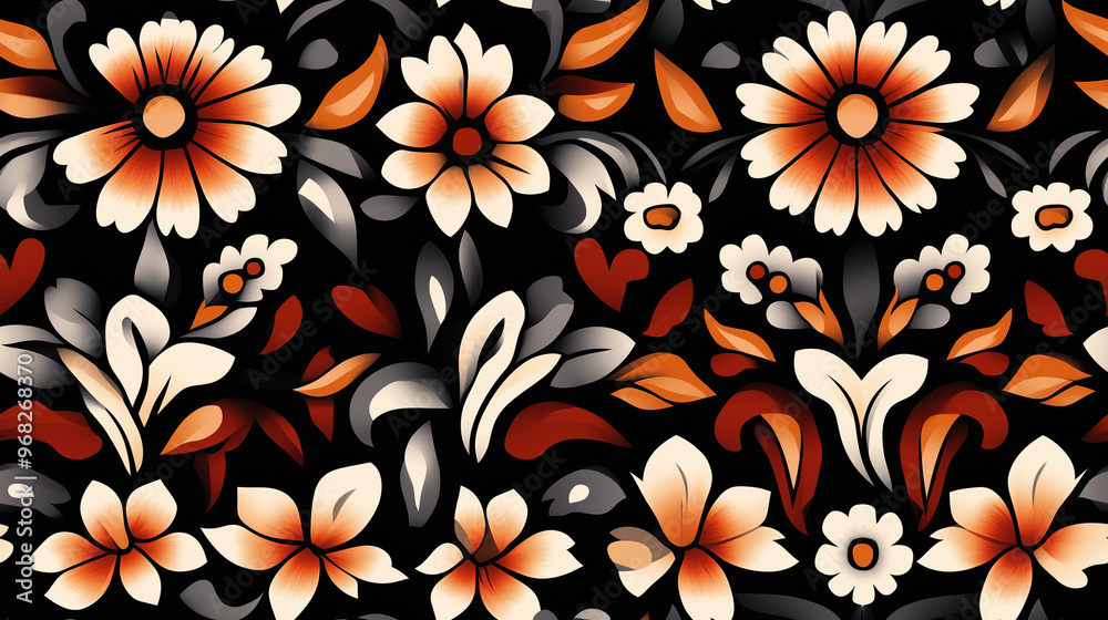 Fototapeta premium Bold geometric floral border in black, red, and orange, traditional pattern with detailed flowers and shapes, elegant and striking design, seamless pattern