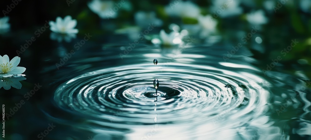 A series of soft ripples in a pond, created by a single drop of water A series of soft ripples in a pond, created by a single drop of water