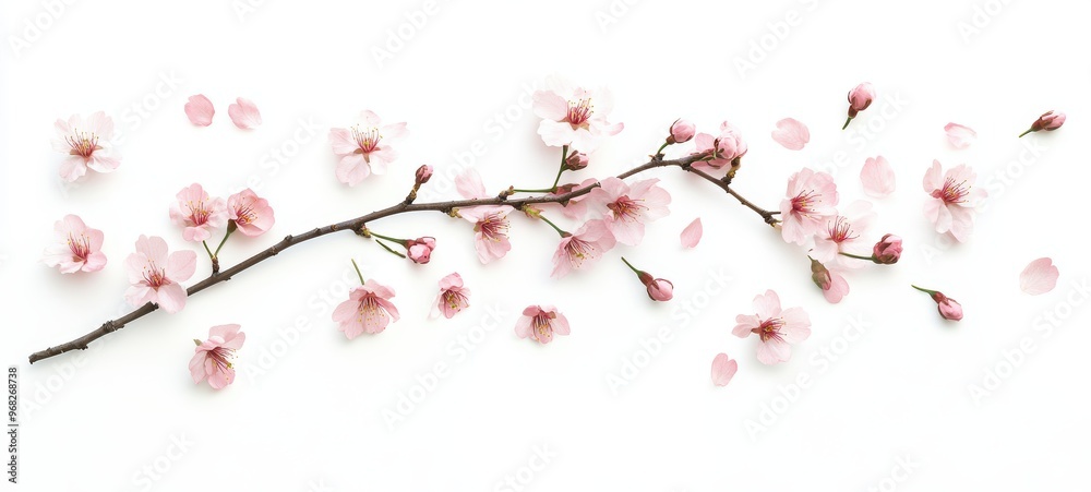 Fototapeta premium A single cherry blossom branch, adorned with soft pink flowers in full bloom