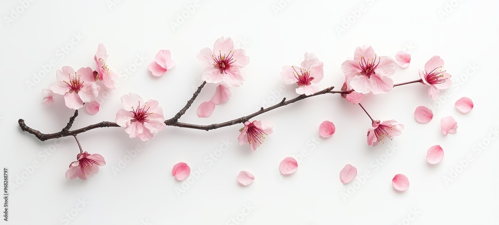 Fototapeta premium A single cherry blossom branch, adorned with soft pink flowers in full bloom