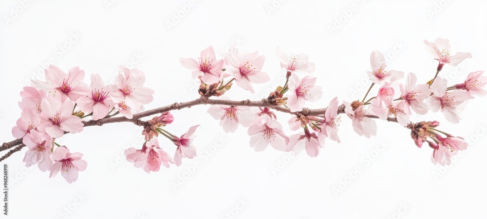 Fototapeta premium A single cherry blossom branch, adorned with soft pink flowers in full bloom