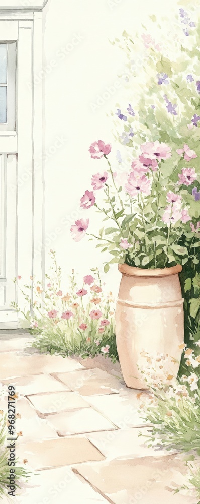 A serene garden scene featuring a clay pot with vibrant flowers against a quaint background, evoking peace and tranquility. A serene garden scene featuring a clay pot with vibrant flowers against a quaint background, evoking peace and tranquility.
