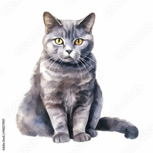 Watercolor Illustration of a Gray Cat with Yellow Eyes â€“ Perfect for Pet Lovers and Art Projects