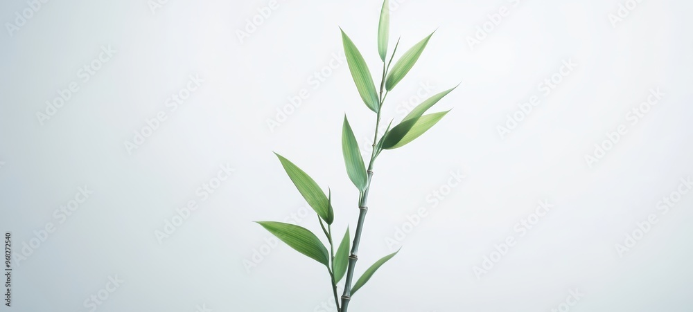 Fototapeta premium A tall, slender bamboo stalk with fresh green leaves sprouting at regular intervals