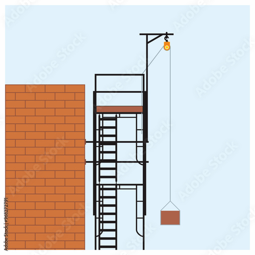 Scaffolding installation on the wall. Equipped with manual hoist pulley system for raising and lifting the material. Safety standard illustration for work equipment.