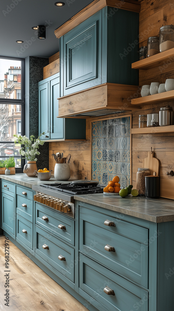 Neoclassic Kitchen with Wooden and Green Cabinets Neoclassic Kitchen with Wooden and Green Cabinets