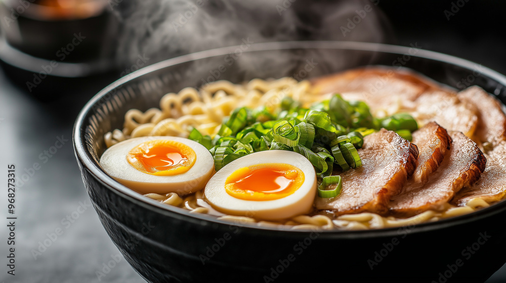 a close-up image of a bowl of steaming ramen noodles, placed on a dark slate table background a close-up image of a bowl of steaming ramen noodles, placed on a dark slate table background