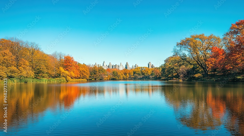Autumnal Reflections on a Serene Lake with a City Skyline in the Distance Autumnal Reflections on a Serene Lake with a City Skyline in the Distance
