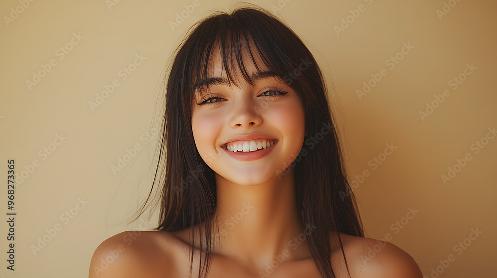 A woman with long hair is smiling and looking at the camera A woman with long hair is smiling and looking at the camera