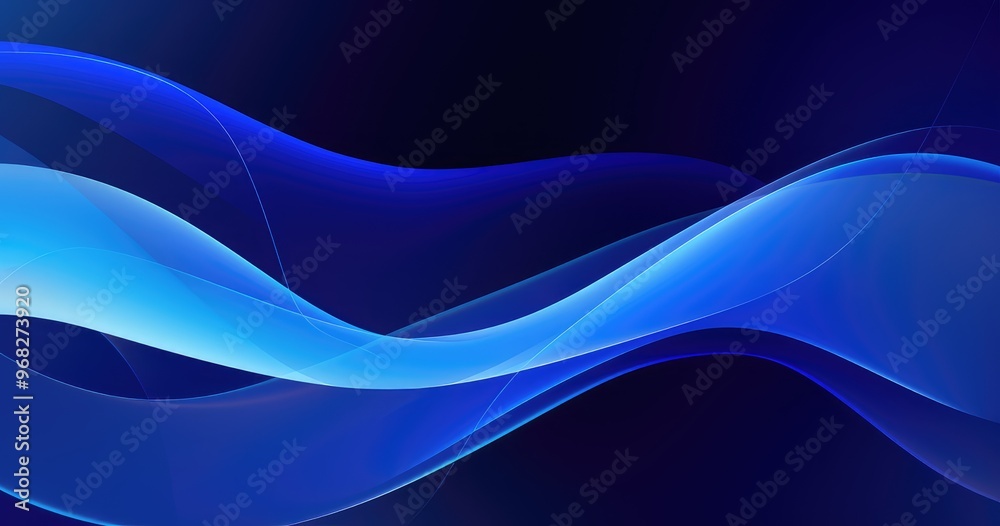 Fototapeta premium A smooth, flowing gradient of blue waves on a dark background, creating a calming and modern abstract design.