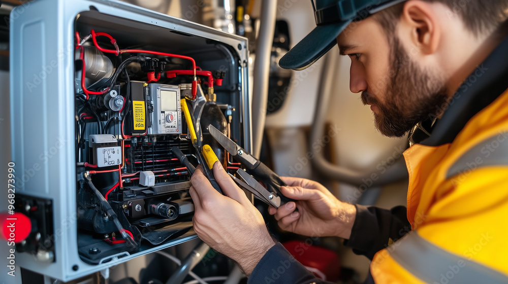 Heating Technician Inspecting Furnace in a Home Heating Technician Inspecting Furnace in a Home