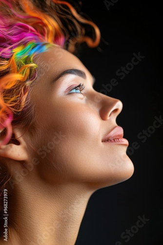 Close-Up of a Woman with Hair Styled Like Colorful Ocean Waves Against a Black Background, Featuring Model-Quality Makeup and Professional Lighting