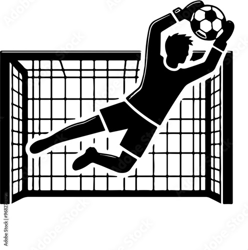 white icon depicting a soccer goalkeeper jumping to catch the ball in front of a goal with a square net