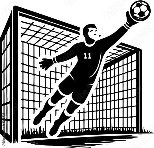 white icon depicting a soccer goalkeeper jumping to catch the ball in front of a goal with a square net
