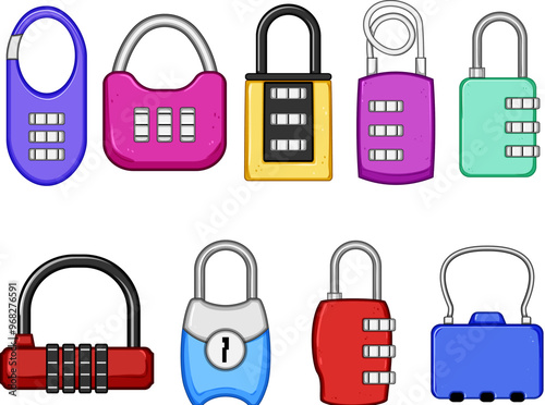 luggage lock set cartoon. travel suitcase, protection combination, pad keyless luggage lock sign. isolated symbol vector illustration