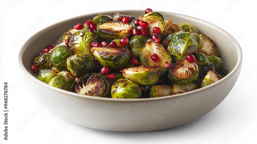 a bowl of roasted brussels sprouts drizzled with balsamic glaze and sprinkled with pomegranate seeds against an isolated white background