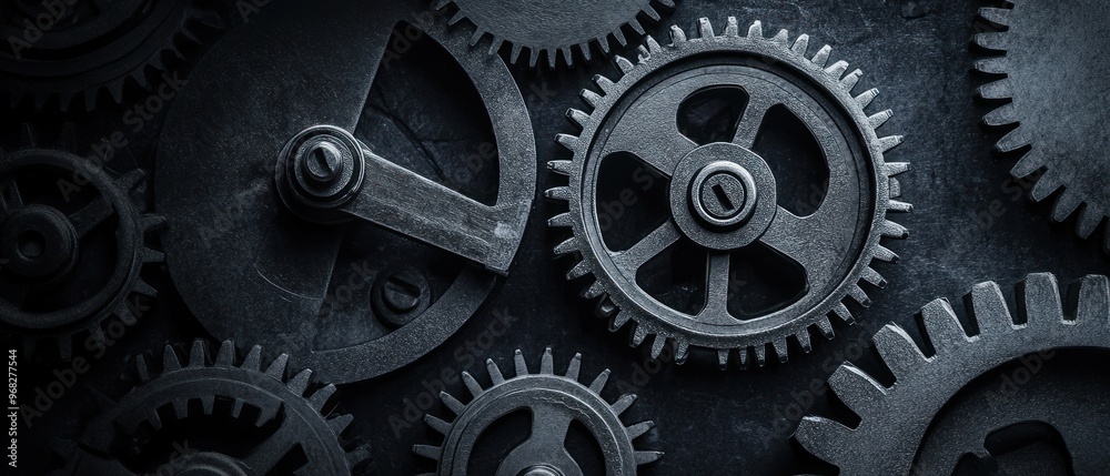 Close-up of Interlocking Metal Gears on a Dark Background