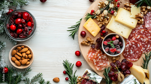 a christmas charcuterie board arranged with cheeses, nuts, dried fruits, and festive decorations like rosemary sprigs and cranberries against an isolated light wood background photo