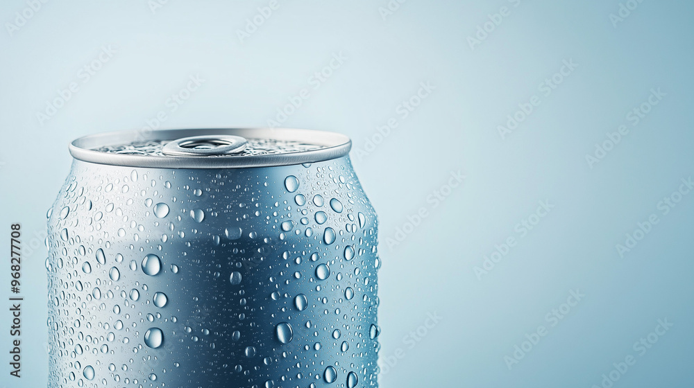 a cold can of pilsner with water droplets on the surface against an isolated light blue background a cold can of pilsner with water droplets on the surface against an isolated light blue background