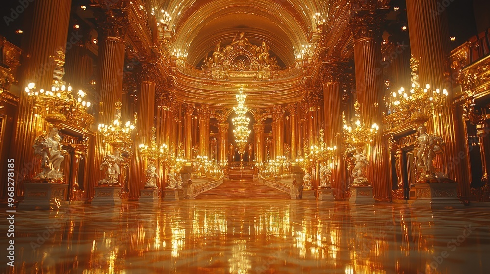Obraz premium Golden Hallway With Statues and Chandeliers in a Grand Palace