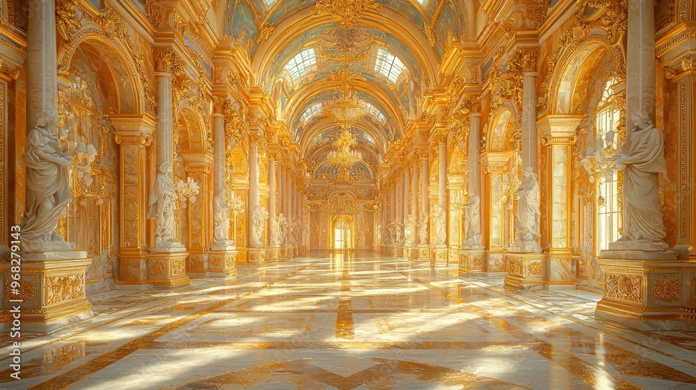 Golden Hallway With Statues and Chandeliers in a Grand Palace 