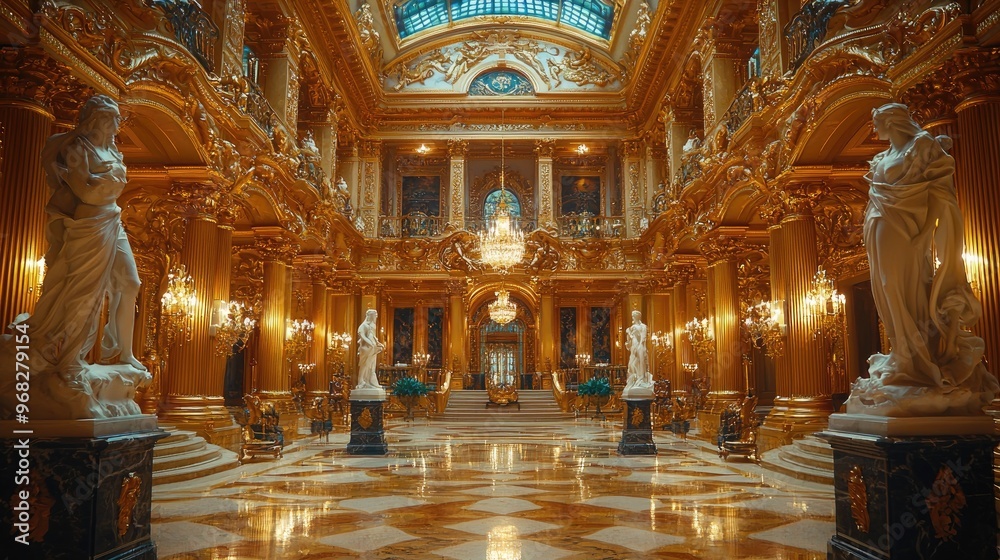 Obraz premium Golden Hallway With Statues and Chandeliers in a Grand Palace
