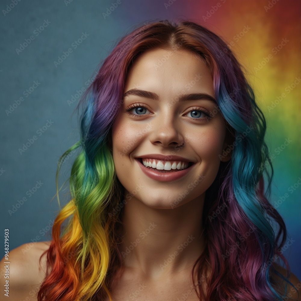 Woman with rainbow colored hair against a gradient background, smiling. Woman with rainbow colored hair against a gradient background, smiling.