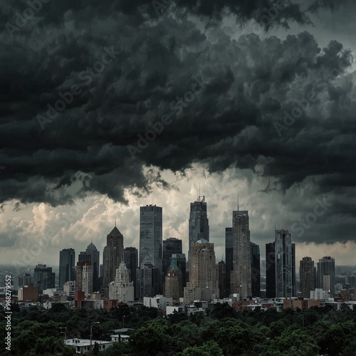 Dark storm clouds looming over a modern city skyline photo