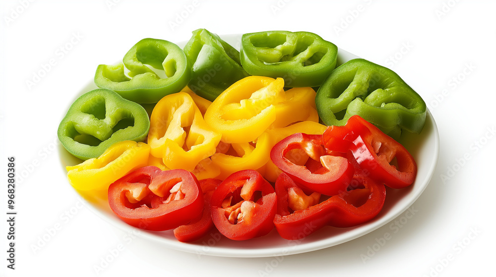 a plate of bell pepper slices in red, yellow, and green against an isolated white background a plate of bell pepper slices in red, yellow, and green against an isolated white background