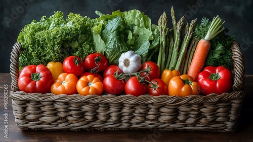 Fresh organic vegetables in a wicker basket.