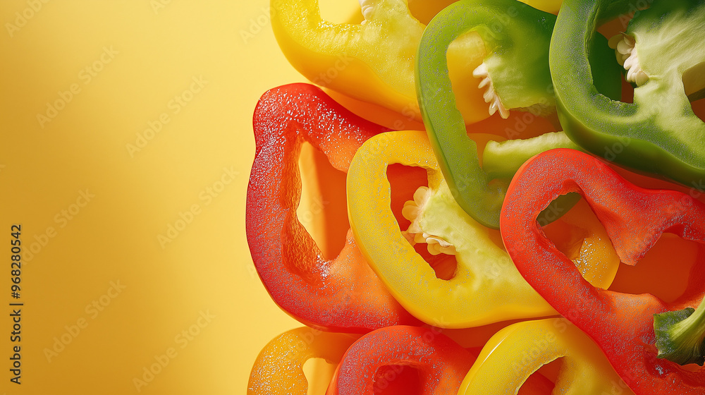 a plate of bell pepper slices in red, yellow, and green against an isolated warm-toned background a plate of bell pepper slices in red, yellow, and green against an isolated warm-toned background