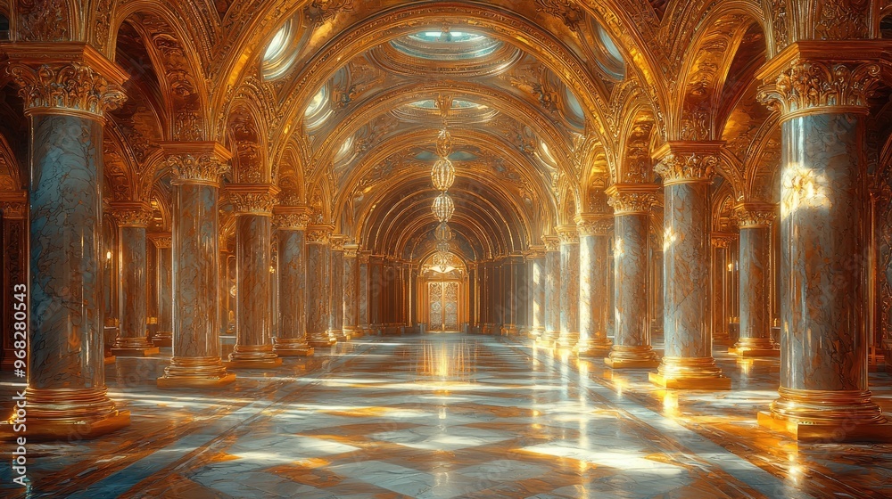 Golden Hallway With Statues and Chandeliers in a Grand Palace Golden Hallway With Statues and Chandeliers in a Grand Palace